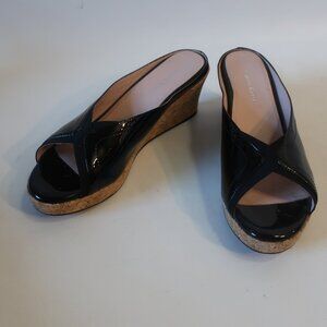 Womens Taryn Rose Selinda Black Patent Leather Peep Toe Cork Wedge Mule Heel 9.5